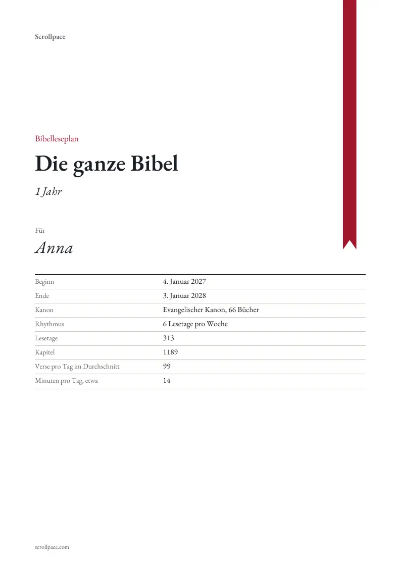 Titelblatt eines gedruckten Leseplans: die ganze Bibel in einem Jahr, mit Name, Start- und Enddatum, Kanon und durchschnittlichem Tagespensum