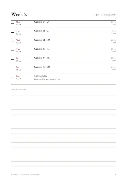 One week page of a printed reading plan: seven dated lines with tick boxes and that day's chapters, then ruled lines for notes