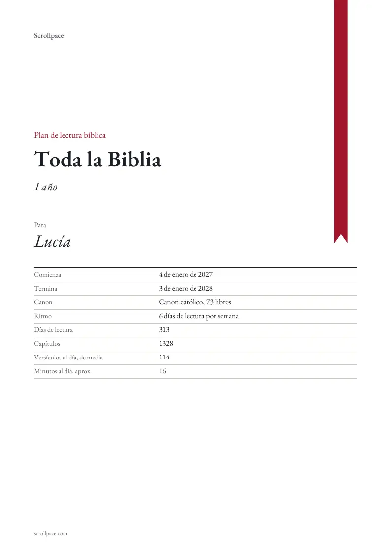 Portada de un plan de lectura impreso: toda la Biblia en un año, con el nombre del lector, las fechas de inicio y fin, el canon y los promedios diarios