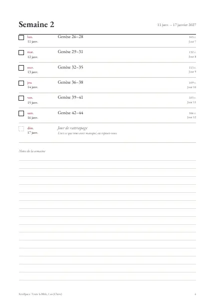 Page « Une page par semaine » d’un plan de lecture imprimé