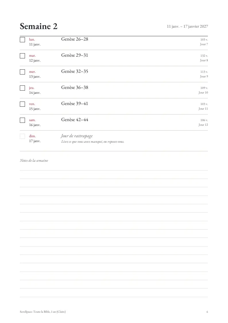 Page d’une semaine d’un plan de lecture imprimé : sept lignes datées avec cases à cocher et les chapitres du jour, puis des lignes pour les notes